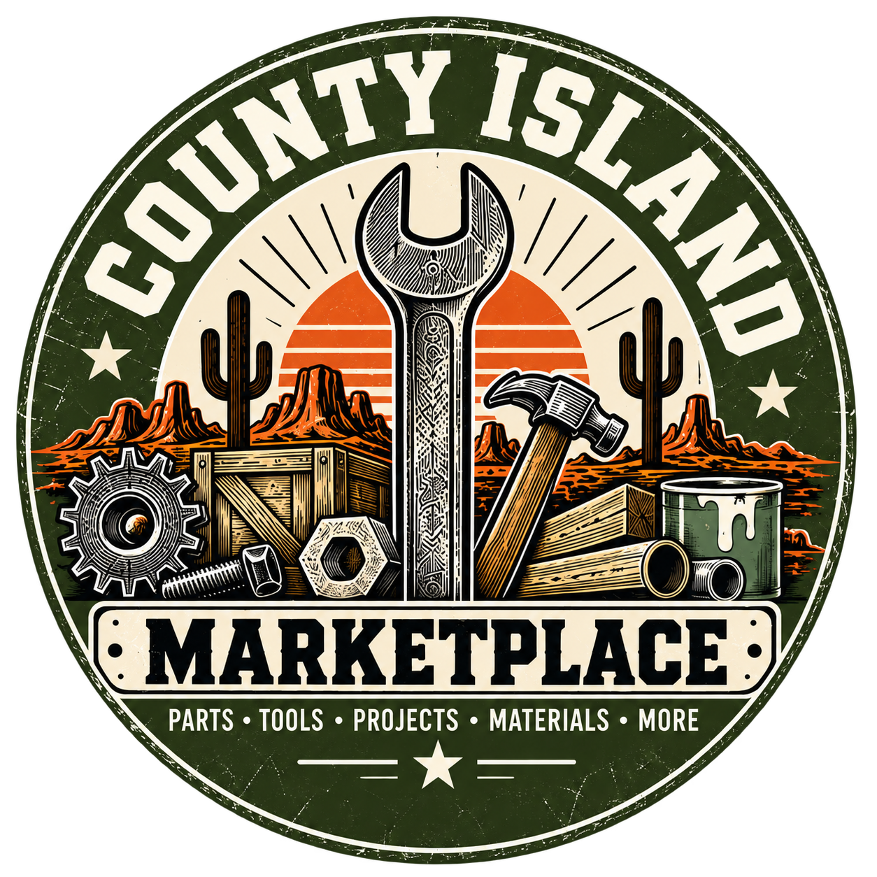 County Island Marketplace — circular green badge with a wrench and desert workshop illustration